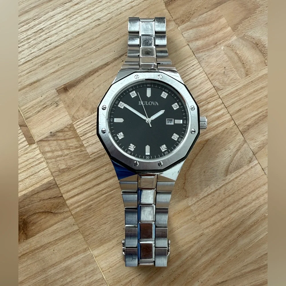 Bulova Classic Diamond Markers Men’s Watch Black Dial Stainless Bracelet Date